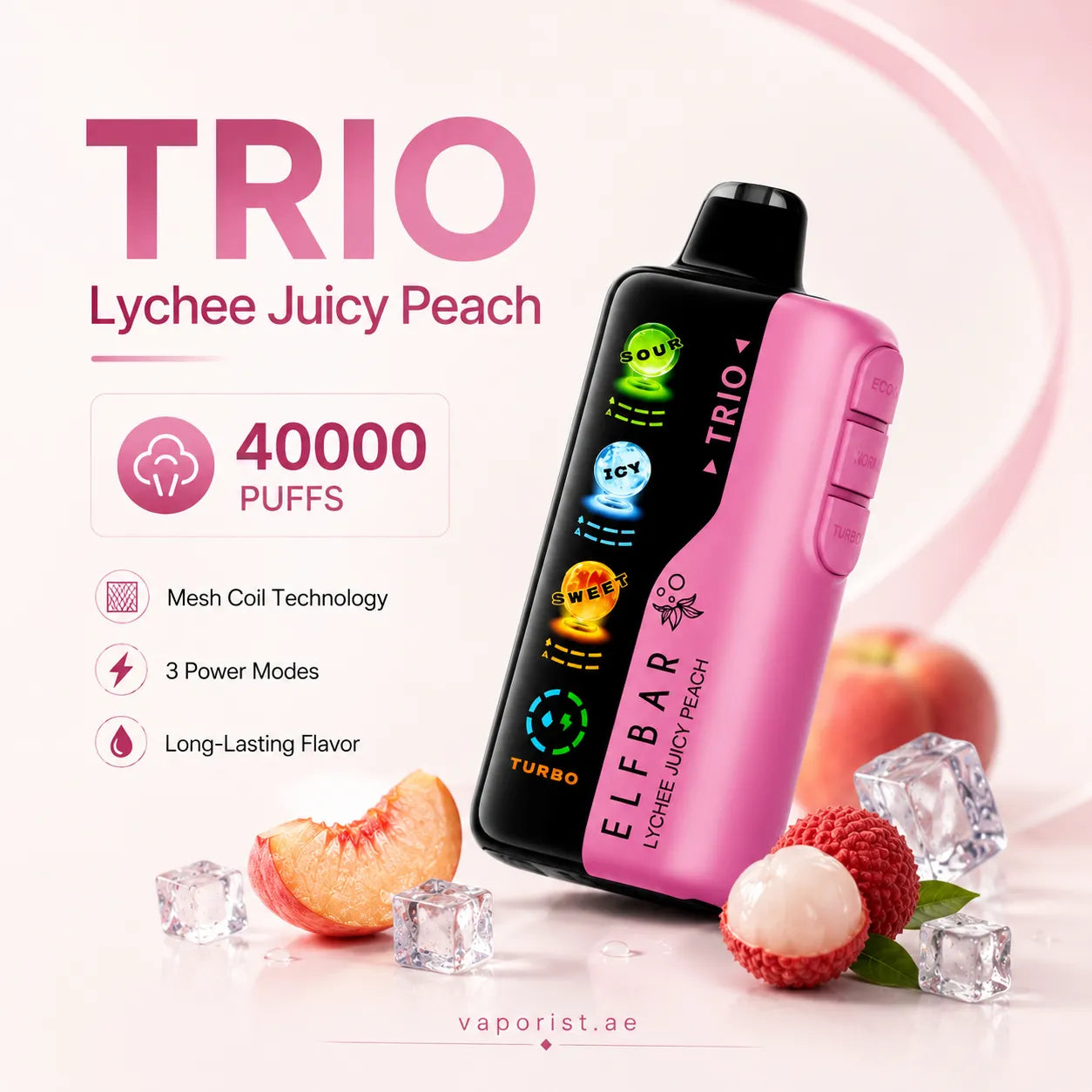 ELFBAR TRIO Lychee Juicy Peach disposable vape device 