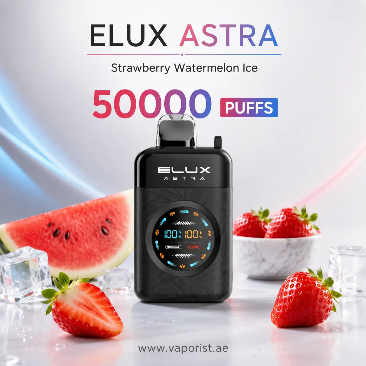 ELUX ASTRA Strawberry Watermelon Ice', and '50000 PUFFS'. disposable vape 