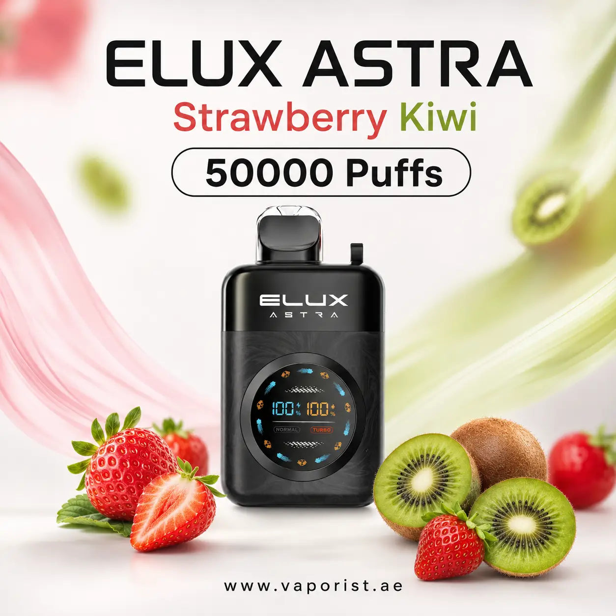 ELUX ASTRA disposable vape device in black, labeled 'Strawberry Kiwi' and '50000 Puffs', 
