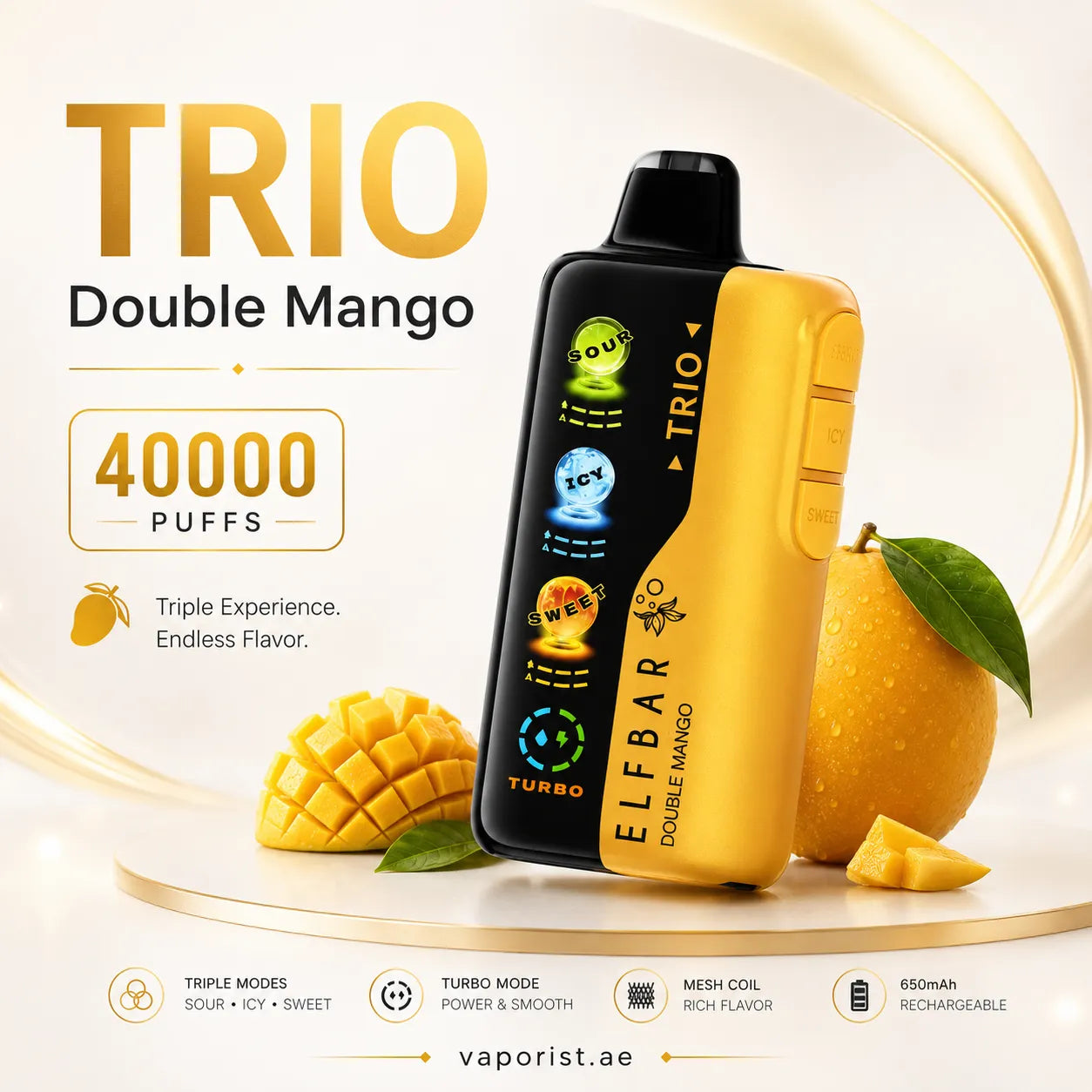  Elfbar Trio Double Mango disposable vape device 40000 PUFFS'.