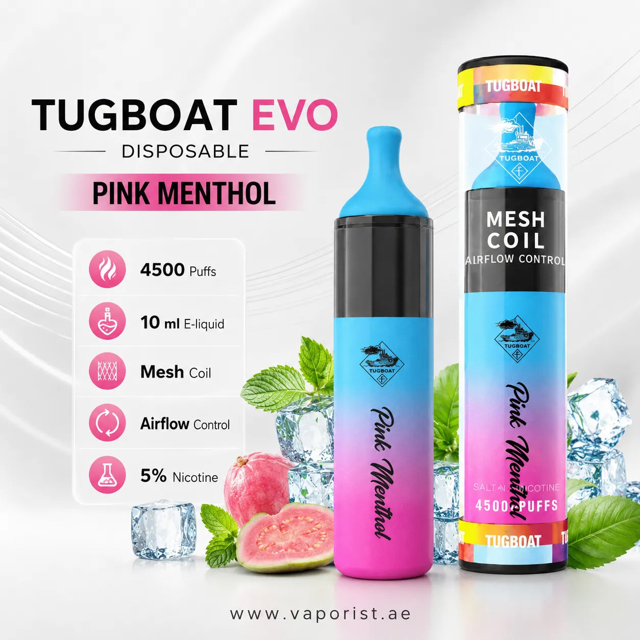 Tugboat Evo disposable vape in Pink Menthol flavor