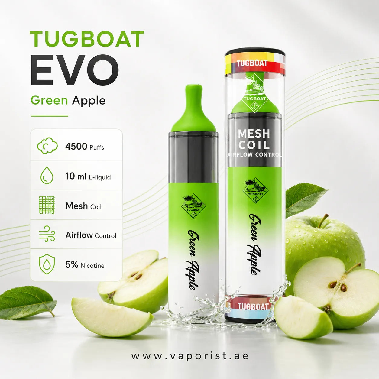 Two TUGBOAT EVO Green Apple disposable 