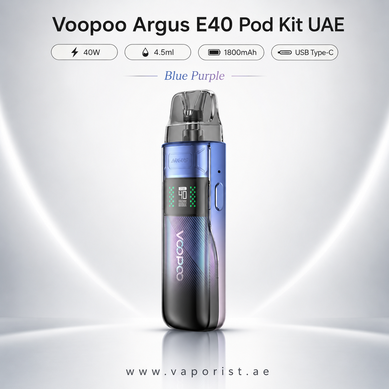 A Voopoo Argus E40 Pod Kit vape device in Blue Purple, shown against a white and light gray background with technical specifications and branding text.