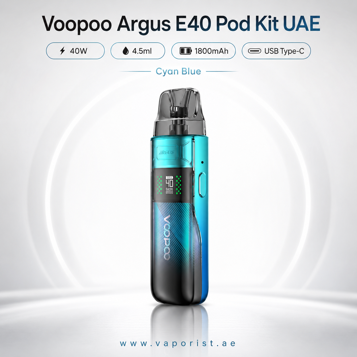 Voopoo Argus E40 Pod Kit vape device in Cyan Blue