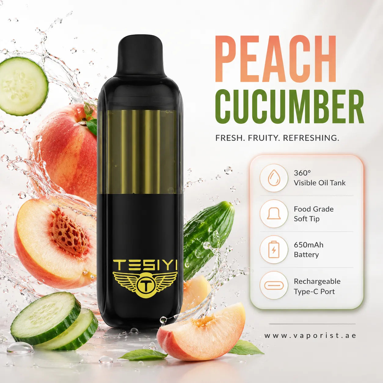 black TEEIYI disposable vape device PEACH CUCUMBER