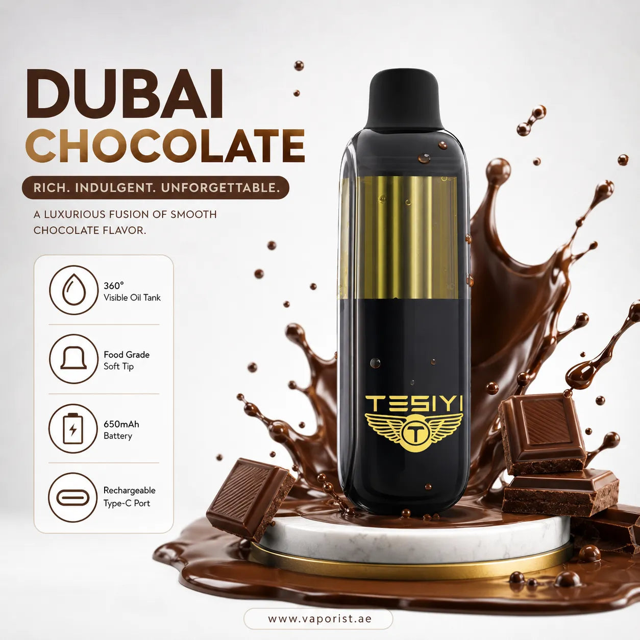 black and gold TESBIY DUBAI CHOCOLATE vape